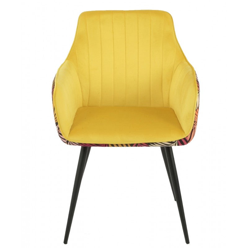 Conjunto 4 Cadeirões DEVA, metal, tecido veludo amarelo com costas florais combinando