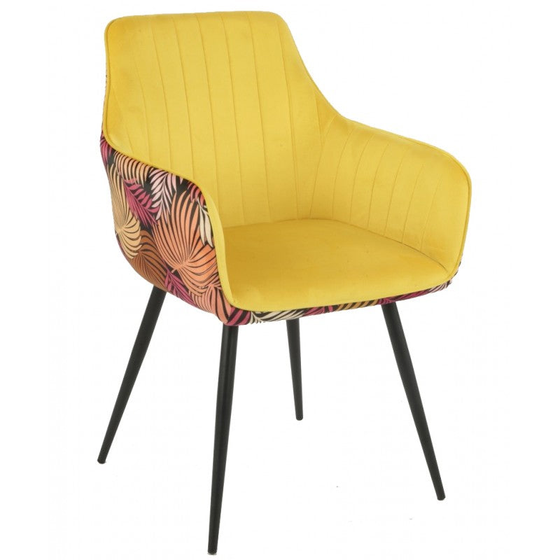 Conjunto 4 Cadeirões DEVA, metal, tecido veludo amarelo com costas florais combinando